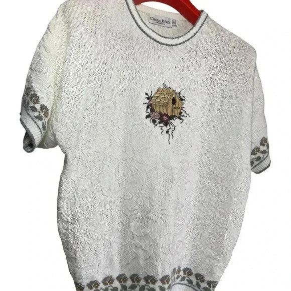 Vtg Cottagecore Short Sleeve‎ Sweater Embroidered Birdhouse Garden Floral USA L - Picture 6 of 11